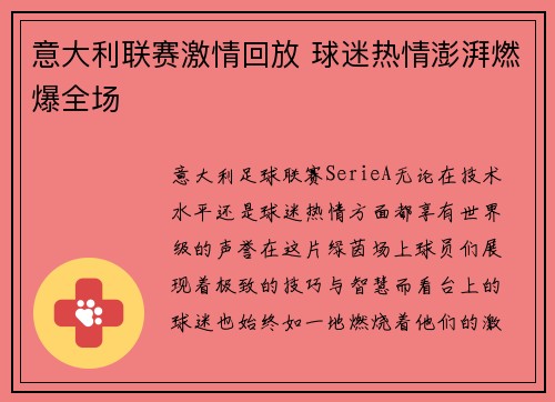 意大利联赛激情回放 球迷热情澎湃燃爆全场