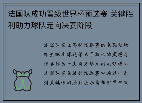 法国队成功晋级世界杯预选赛 关键胜利助力球队走向决赛阶段