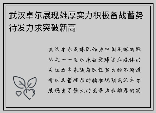 武汉卓尔展现雄厚实力积极备战蓄势待发力求突破新高