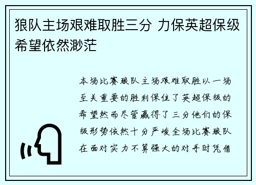狼队主场艰难取胜三分 力保英超保级希望依然渺茫