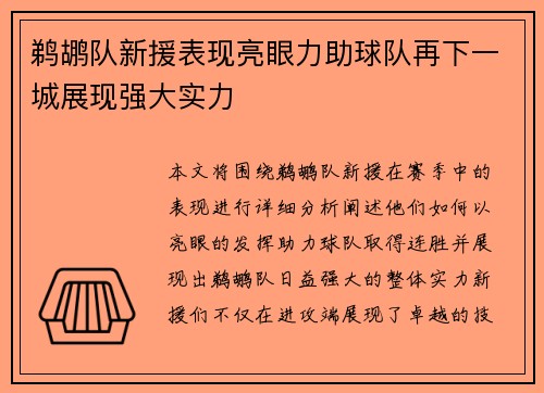 鹈鹕队新援表现亮眼力助球队再下一城展现强大实力